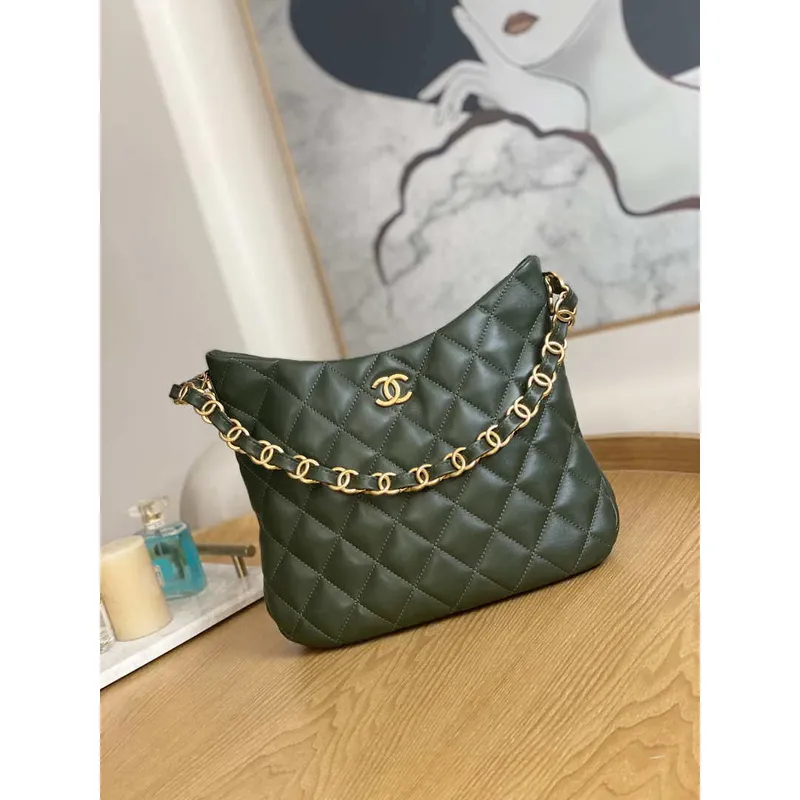 Chanel AS3631 2022 new hippie underarm Hobo bag Lambskin Dark Green