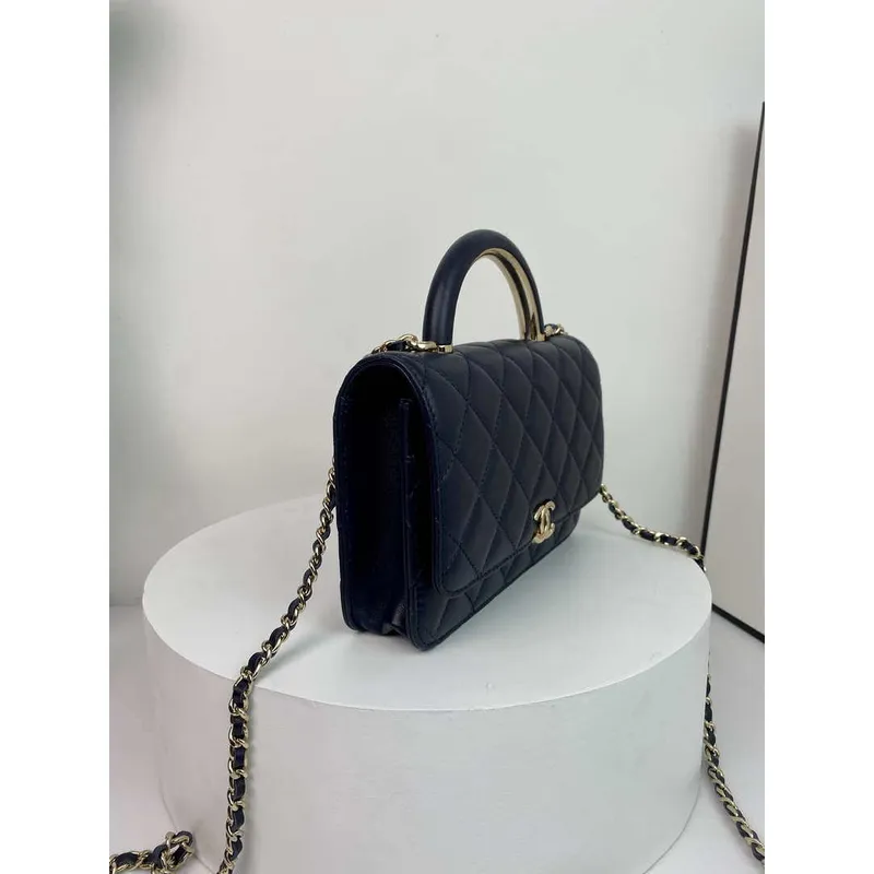 Chanel AP2844 Wallet on chain Lambskin bag with top handle Light gold Navy Blue