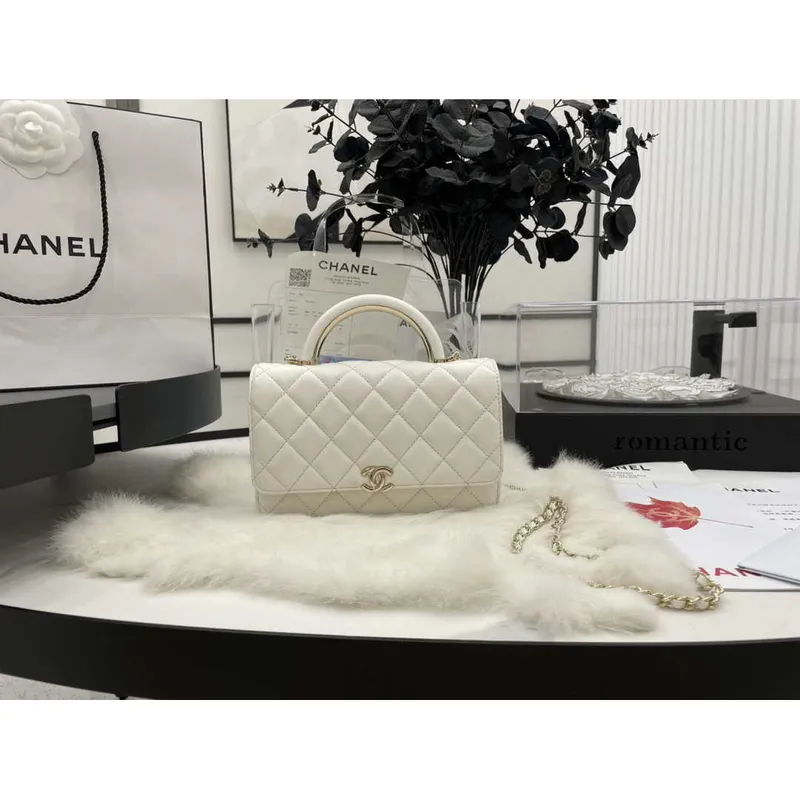 Chanel AP2844 Wallet on chain Lambskin bag with top handle Light gold White