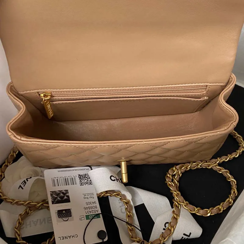 Chanel AS2431 Mini flap Tan Lambskin bag with top handle Gold