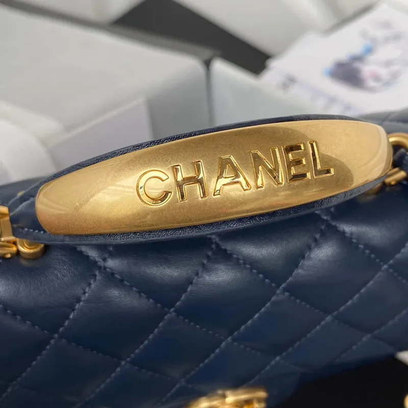 Chanel AS2431 Mini flap Navy Blue Lambskin bag with top handle Gold