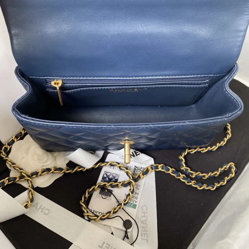 Chanel AS2431 Mini flap Navy Blue Lambskin bag with top handle Gold