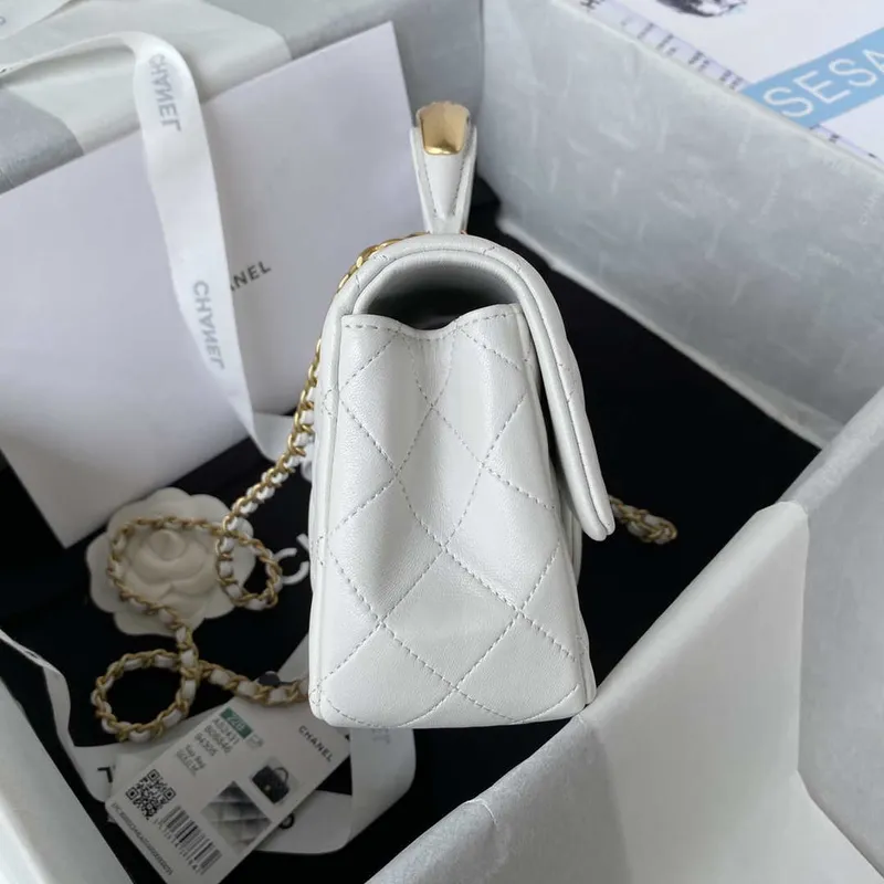 Chanel AS2431 Mini flap White Lambskin bag with top handle Gold