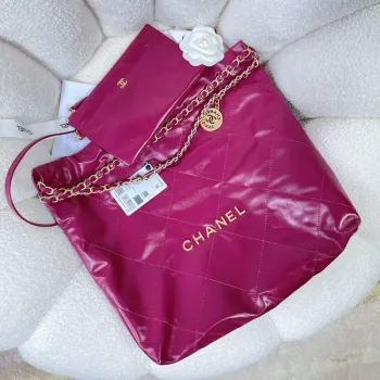 Chanel 22 Handbag Shiny Calfskin AS3261 Rose Red