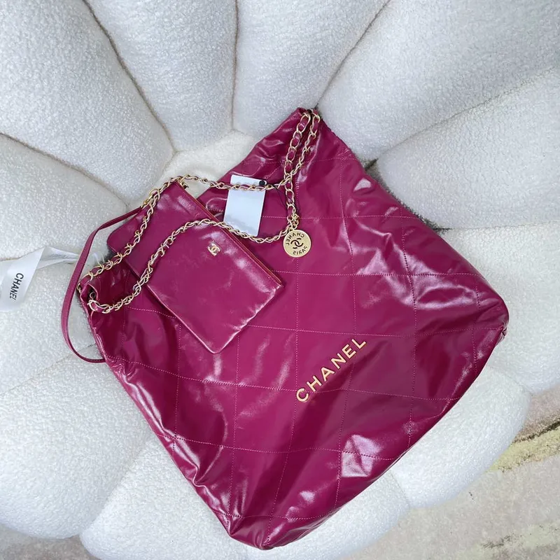 Chanel 22 Large Handbag Shiny Calfskin AS3262 Rose Red
