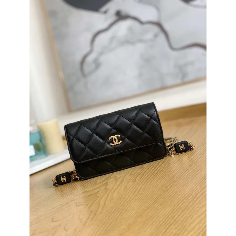 Chanel A68098 Mini Flap Bag Lambskin Onyx Small Square Stewardess Bag Black