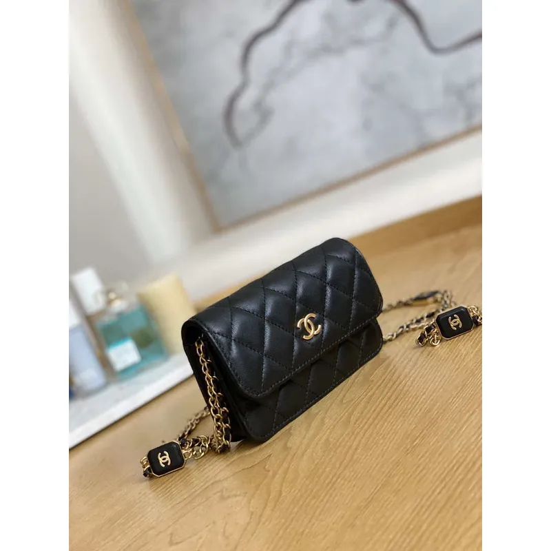 Chanel A68098 Mini Flap Bag Lambskin Onyx Small Square Stewardess Bag Black