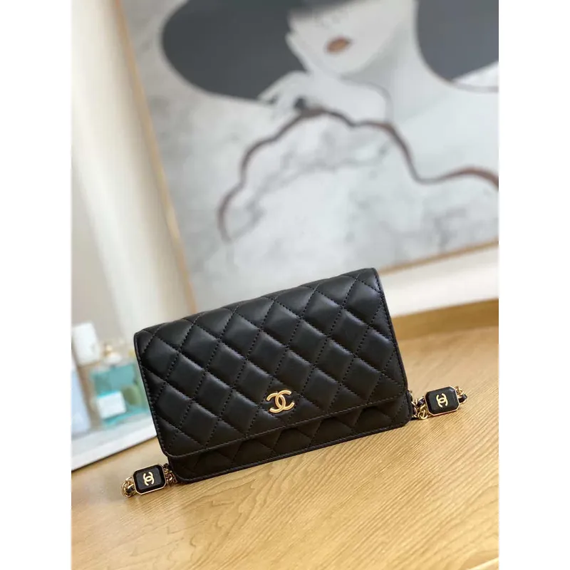 Chanel A81217 Flap Bag Lambskin Onyx Small Square Stewardess Bag Black