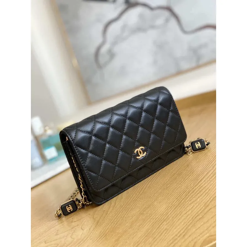 Chanel A81217 Flap Bag Lambskin Onyx Small Square Stewardess Bag Black