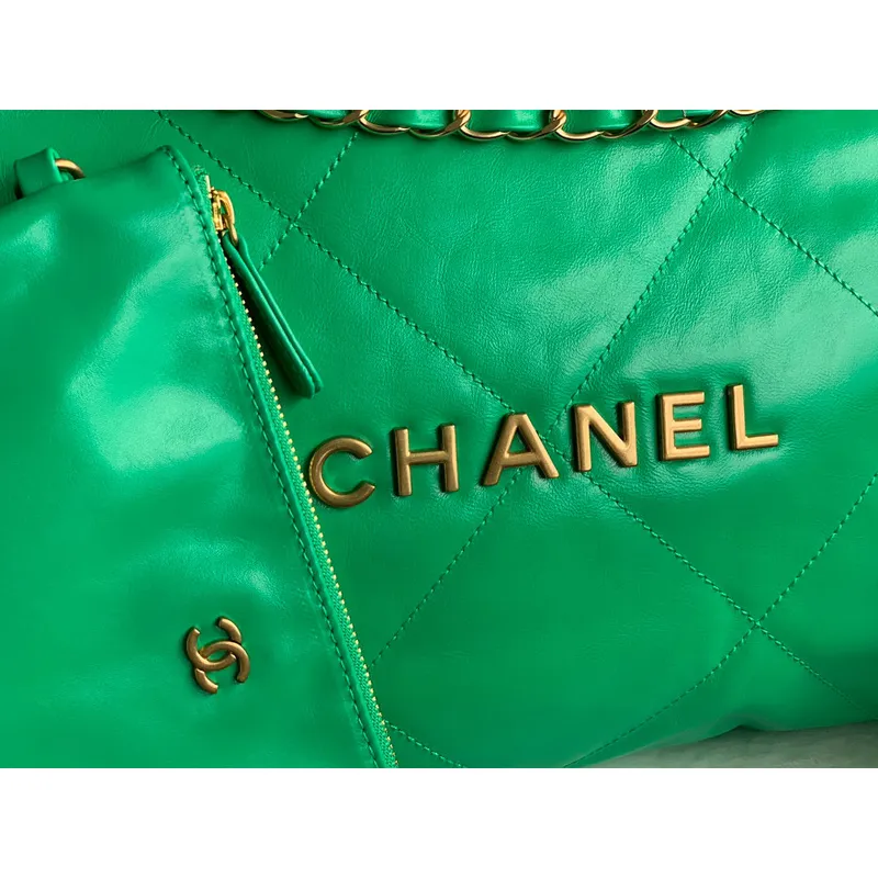 Chanel 22 Handbag AS3261 Shiny Calfskin Gold Tone Metal Green