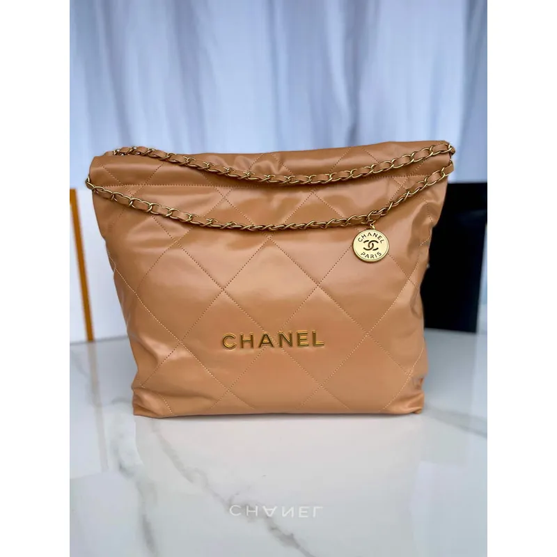 Chanel 22 Handbag AS3261 Shiny Calfskin Gold Tone Metal Camel