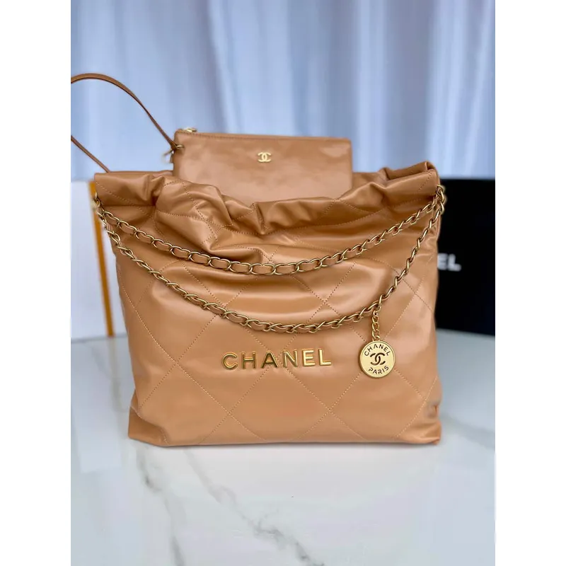 Chanel 22 Handbag AS3261 Shiny Calfskin Gold Tone Metal Camel