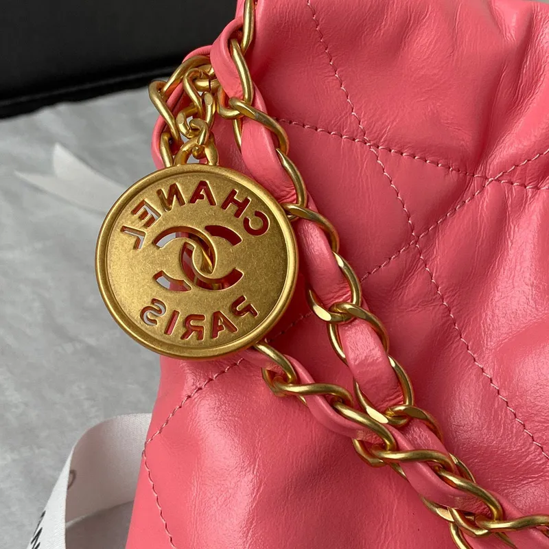 Chanel 22 Handbag AS3261 Shiny Calfskin Gold Tone Metal Coral Pink