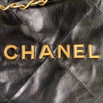 Chanel 22 Handbag AS3261 Shiny Calfskin Gold Tone Metal Black Logo Gold