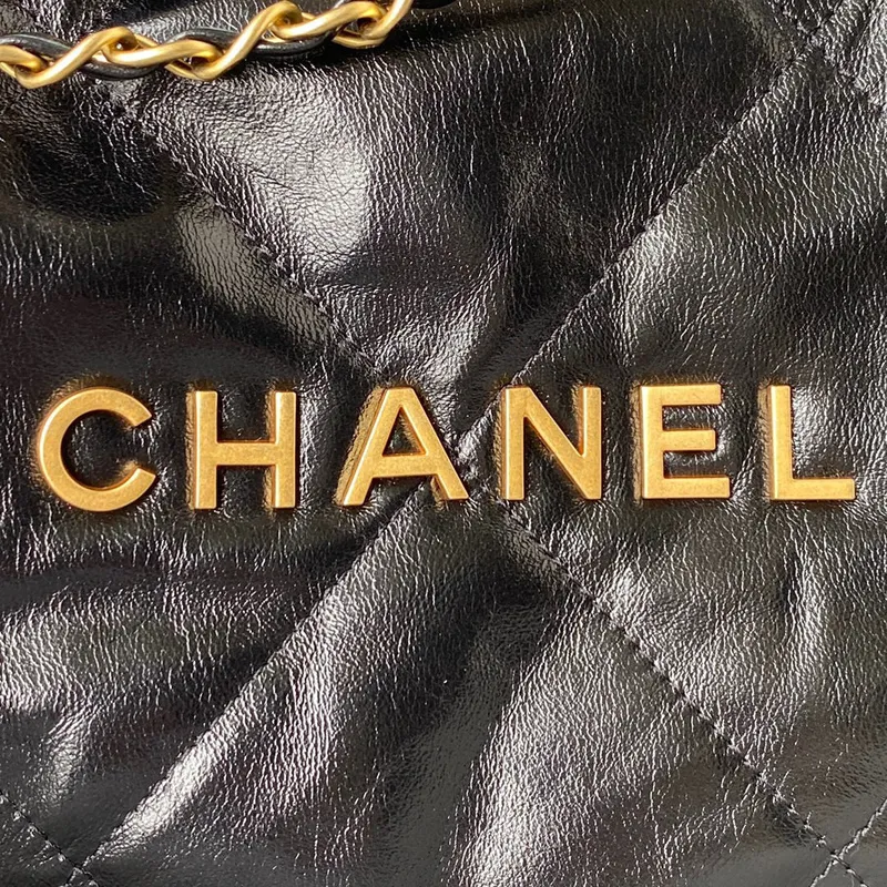 Chanel 22 Handbag AS3261 Shiny Calfskin Gold Tone Metal Black Logo Gold