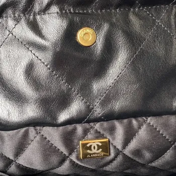 Chanel 22 Handbag AS3261 Shiny Calfskin Gold Tone Metal Black Logo Gold