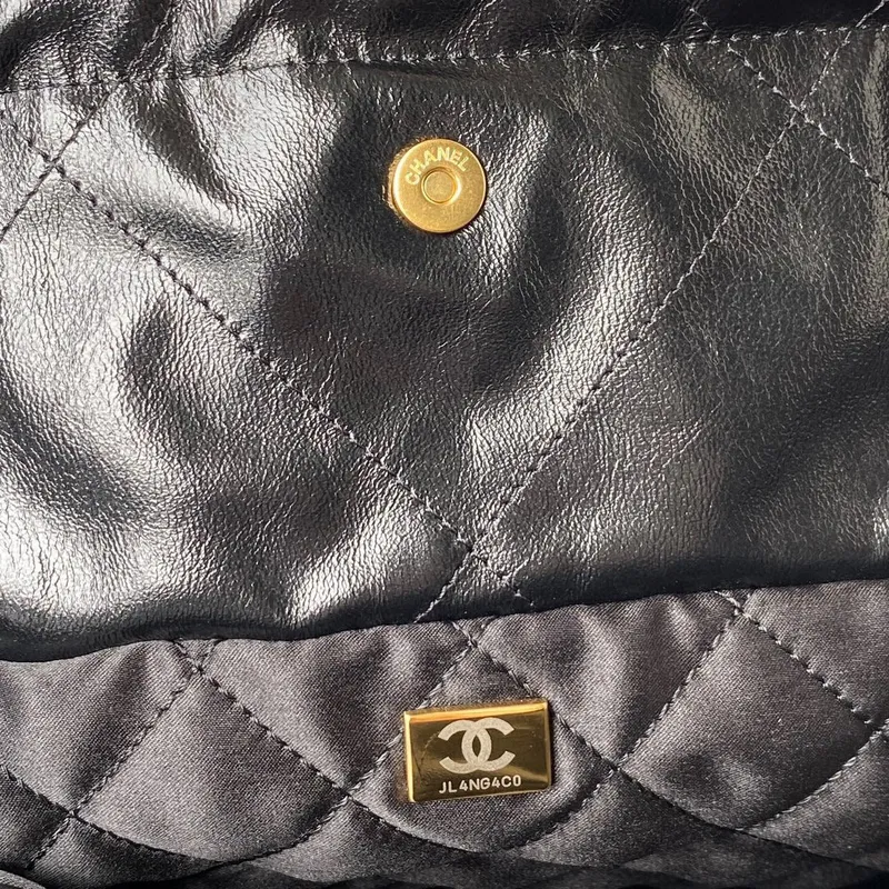 Chanel 22 Handbag AS3261 Shiny Calfskin Gold Tone Metal Black Logo Gold