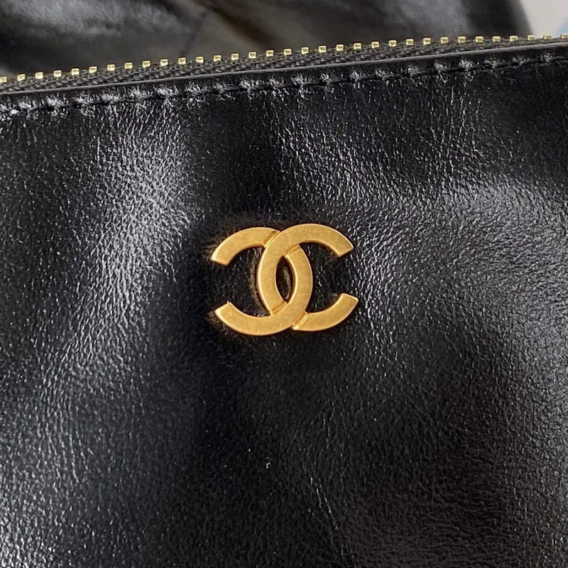 Chanel 22 Handbag AS3261 Shiny Calfskin Gold Tone Metal Black Logo Gold