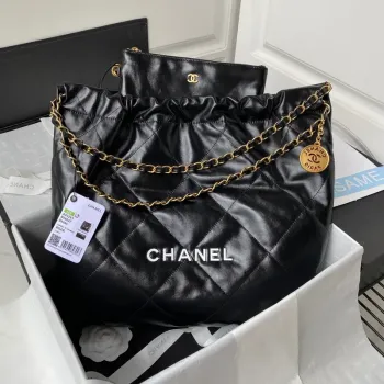 Chanel 22 Handbag AS3261 Shiny Calfskin Gold Tone Metal Black Logo White