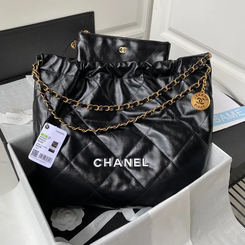 Chanel 22 Handbag AS3261 Shiny Calfskin Gold Tone Metal Black Logo White