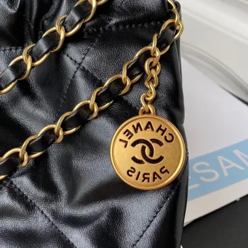 Chanel 22 Handbag AS3261 Shiny Calfskin Gold Tone Metal Black Logo White