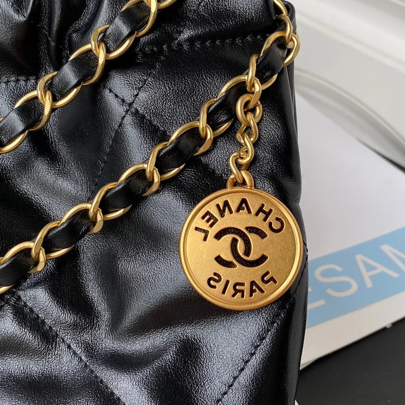 Chanel 22 Handbag AS3261 Shiny Calfskin Gold Tone Metal Black Logo White