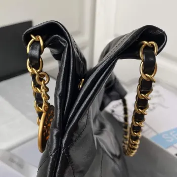 Chanel 22 Handbag AS3261 Shiny Calfskin Gold Tone Metal Black Logo White