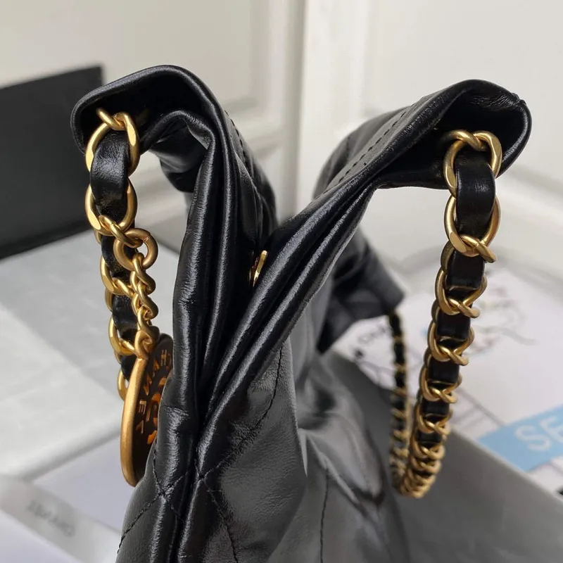 Chanel 22 Handbag AS3261 Shiny Calfskin Gold Tone Metal Black Logo White