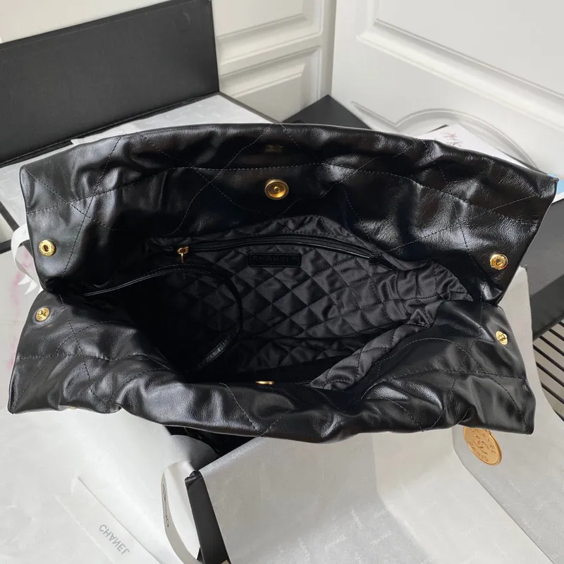 Chanel 22 Handbag AS3261 Shiny Calfskin Gold Tone Metal Black Logo White