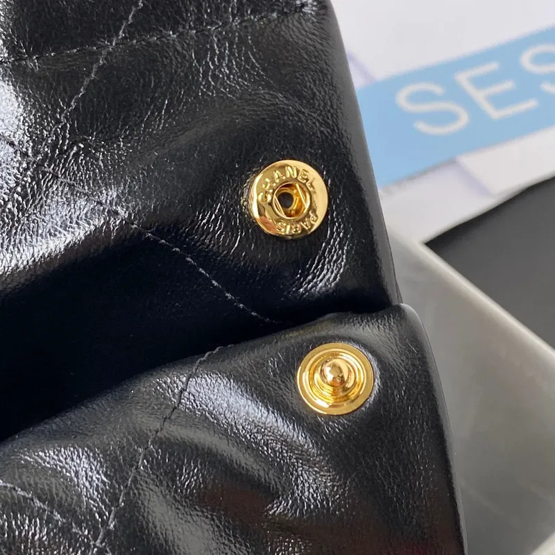 Chanel 22 Handbag AS3261 Shiny Calfskin Gold Tone Metal Black Logo White