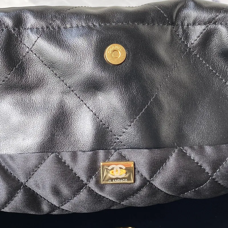 Chanel 22 Handbag AS3261 Shiny Calfskin Gold Tone Metal Black Logo White