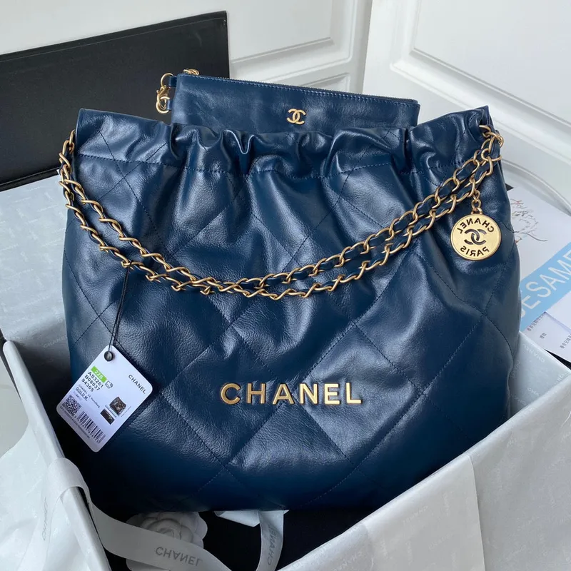 Chanel 22 Handbag AS3261 Shiny Calfskin Gold Tone Metal Navy Blue
