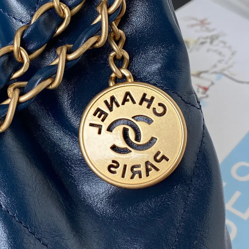 Chanel 22 Handbag AS3261 Shiny Calfskin Gold Tone Metal Navy Blue