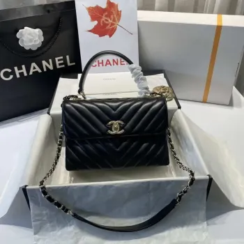 Chanel A92236 Flap Bag With Top Handle Lambskin & Gold Tone Metal V Gird Black