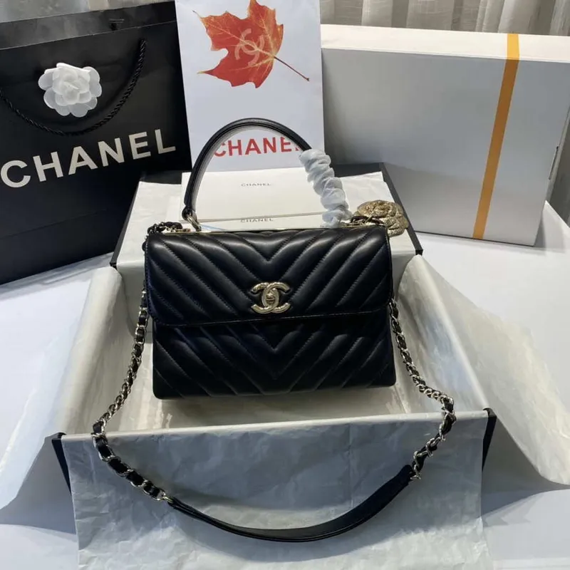 Chanel A92236 Flap Bag With Top Handle Lambskin & Gold Tone Metal V Gird Black