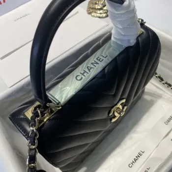 Chanel A92236 Flap Bag With Top Handle Lambskin & Gold Tone Metal V Gird Black