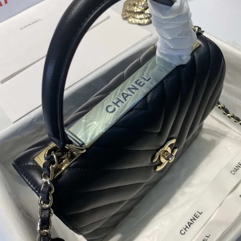 Chanel A92236 Flap Bag With Top Handle Lambskin & Gold Tone Metal V Gird Black