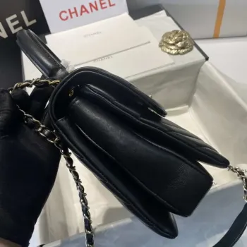 Chanel A92236 Flap Bag With Top Handle Lambskin & Gold Tone Metal V Gird Black