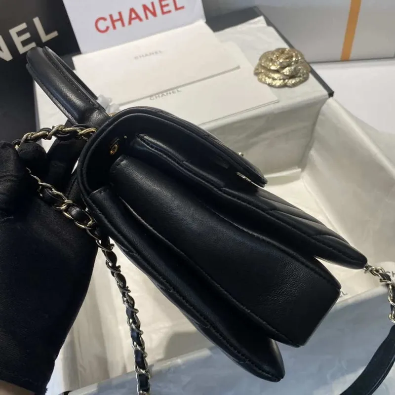 Chanel A92236 Flap Bag With Top Handle Lambskin & Gold Tone Metal V Gird Black