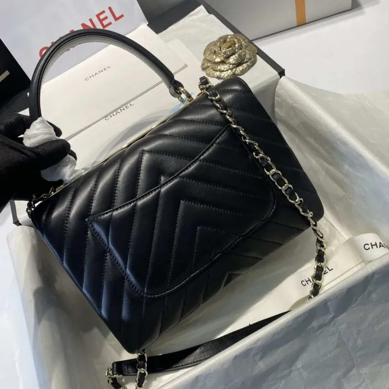 Chanel A92236 Flap Bag With Top Handle Lambskin & Gold Tone Metal V Gird Black