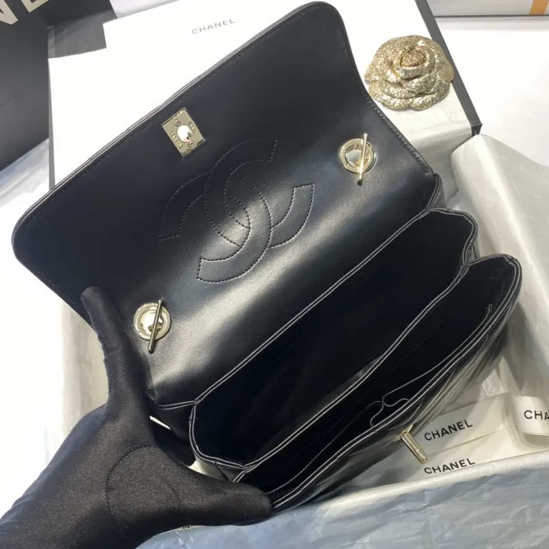 Chanel A92236 Flap Bag With Top Handle Lambskin & Gold Tone Metal V Gird Black