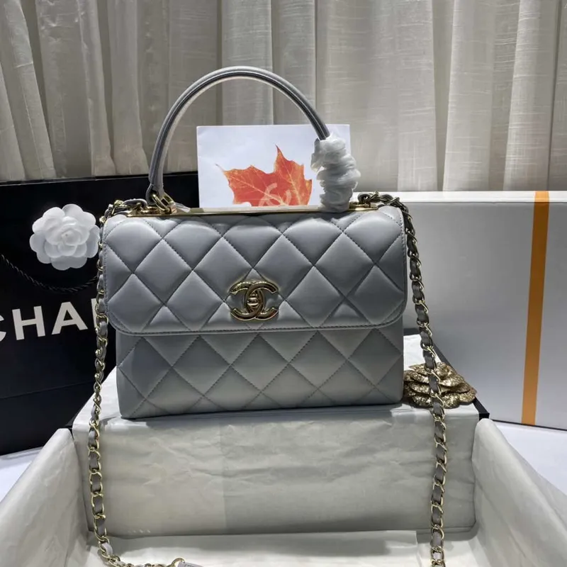 Chanel A92236 Flap Bag With Top Handle Lambskin & Gold Tone Metal Gray