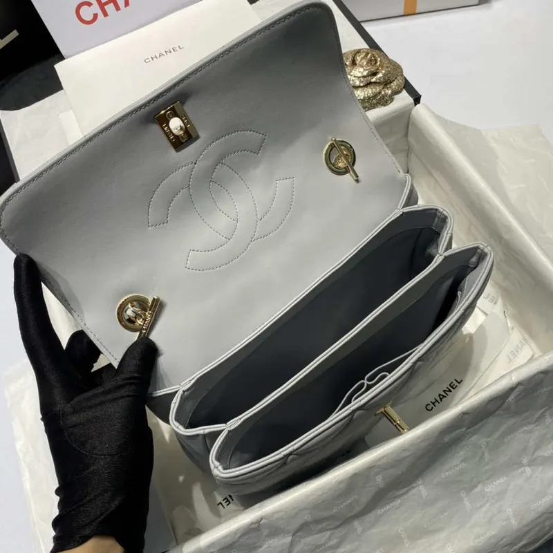 Chanel A92236 Flap Bag With Top Handle Lambskin & Gold Tone Metal Gray