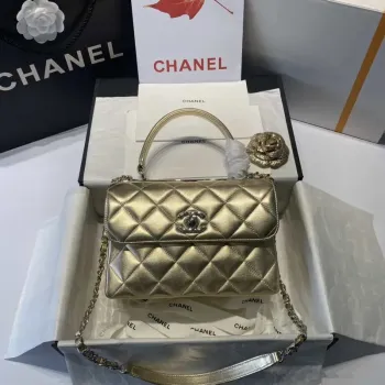 Chanel A92236 Flap Bag With Top Handle Lambskin & Gold Tone Metal Gold