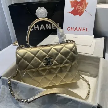 Chanel A92236 Flap Bag With Top Handle Lambskin & Gold Tone Metal Gold