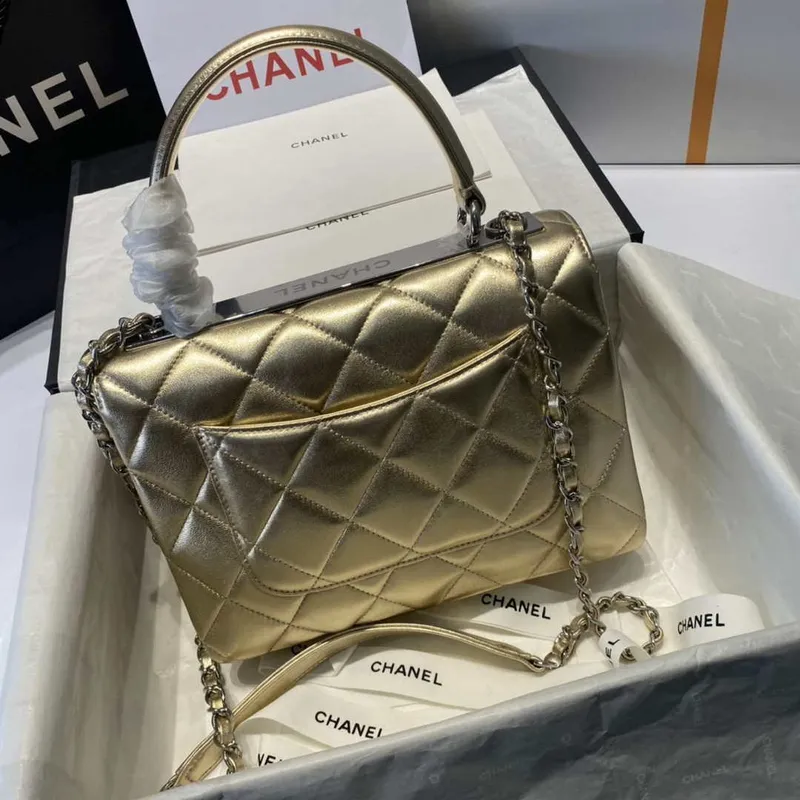 Chanel A92236 Flap Bag With Top Handle Lambskin & Gold Tone Metal Gold