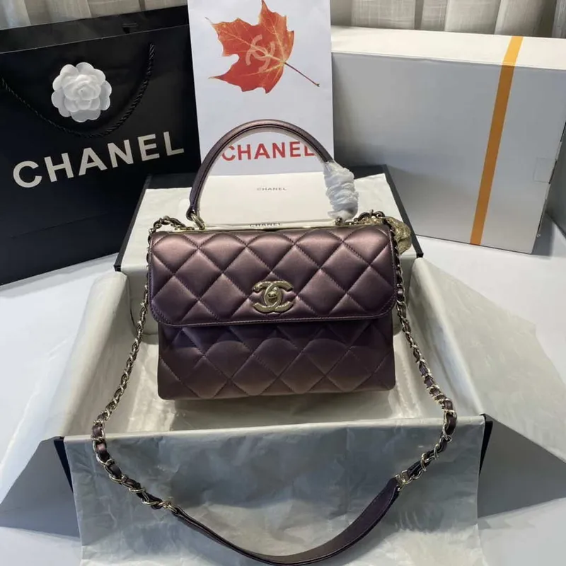 Chanel A92236 Flap Bag With Top Handle Lambskin & Gold Tone Metal Purple