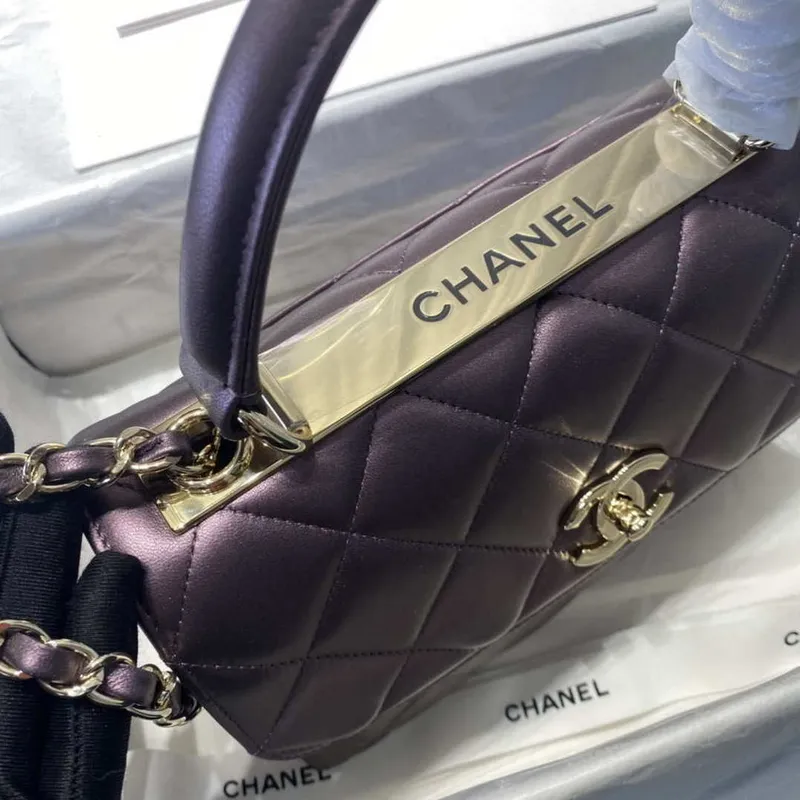 Chanel A92236 Flap Bag With Top Handle Lambskin & Gold Tone Metal Purple