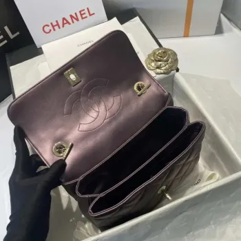 Chanel A92236 Flap Bag With Top Handle Lambskin & Gold Tone Metal Purple