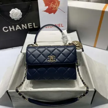 Chanel A92236 Flap Bag With Top Handle Lambskin & Gold Tone Metal Navy Blue